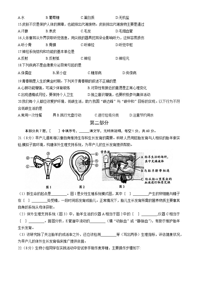 北京市西城区2022-2023学年七年级下学期期末考试生物试卷（含答案）03