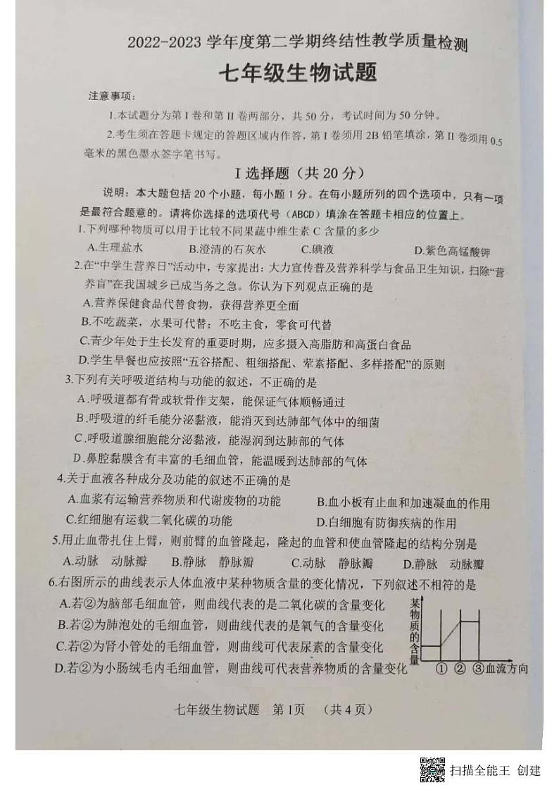 山东省菏泽市鄄城县2022-2023学年七年级下学期7月期末生物试题01
