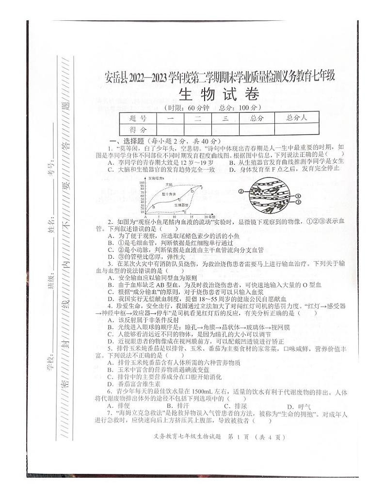 四川省资阳市安岳县2022-2023学年七年级下学期期末学业质量检测义务教育生物试卷第1页
