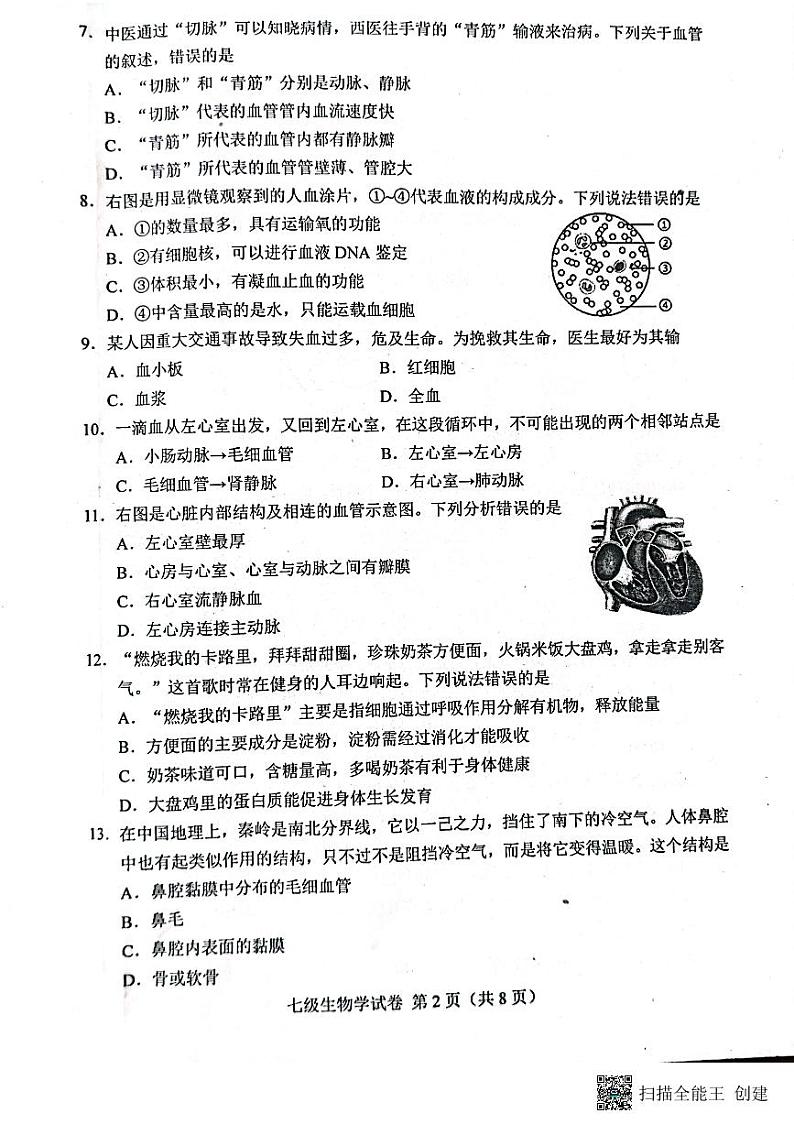 河北省唐山市2022-2023学年七年级下学期7月期末生物试题02