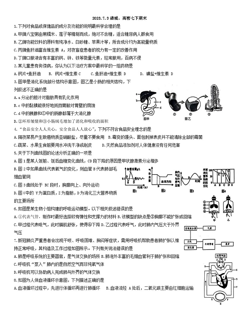 山东省潍坊市（诸城市、高密市）2022-2023学年七年级下学期7月期末生物试题（含答案）01