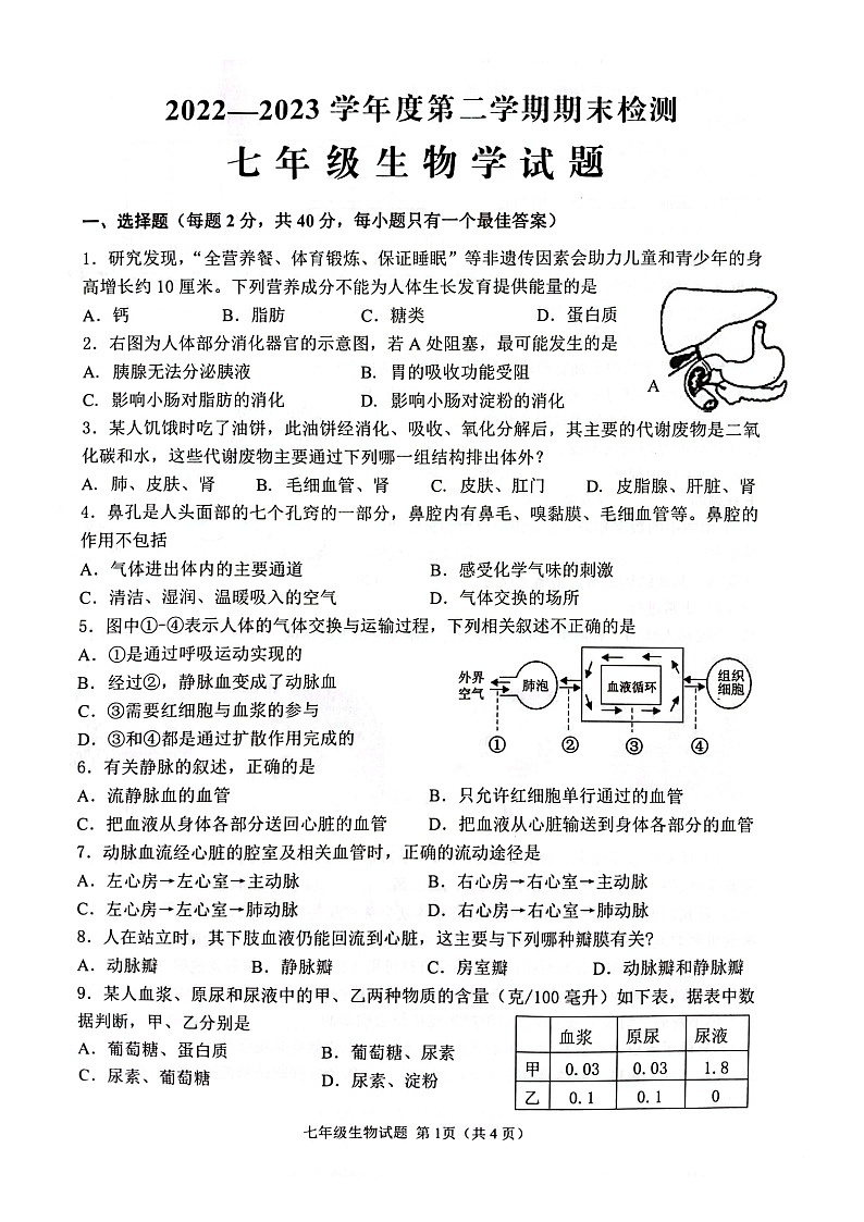 山东省济宁市邹城市2022-2023学年七年级下学期期末检测生物试题01
