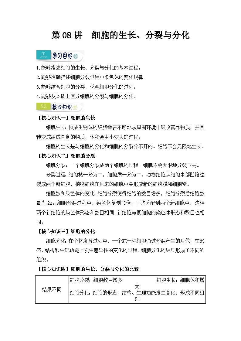 【暑假初中预备】人教版生物新七年级（六升七）暑假预习-第08讲 细胞的生长、分裂与分化 讲学案01