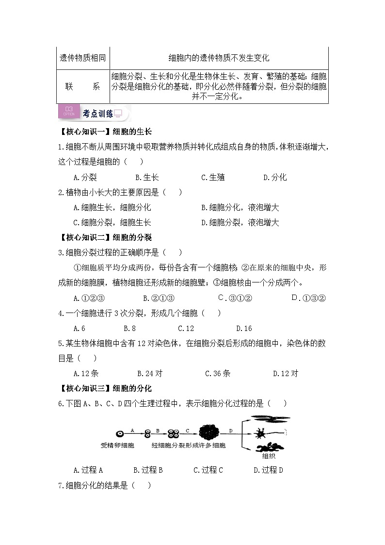 【暑假初中预备】人教版生物新七年级（六升七）暑假预习-第08讲 细胞的生长、分裂与分化 讲学案02
