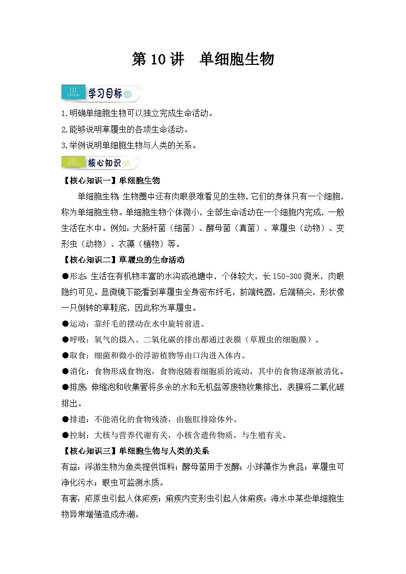 【暑假初中预备】人教版生物新七年级（六升七）暑假预习-第10讲 单细胞生物 讲学案01
