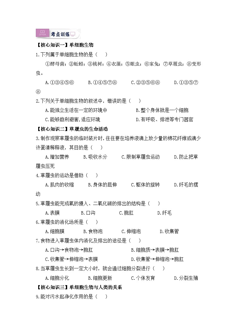【暑假初中预备】人教版生物新七年级（六升七）暑假预习-第10讲 单细胞生物 讲学案02