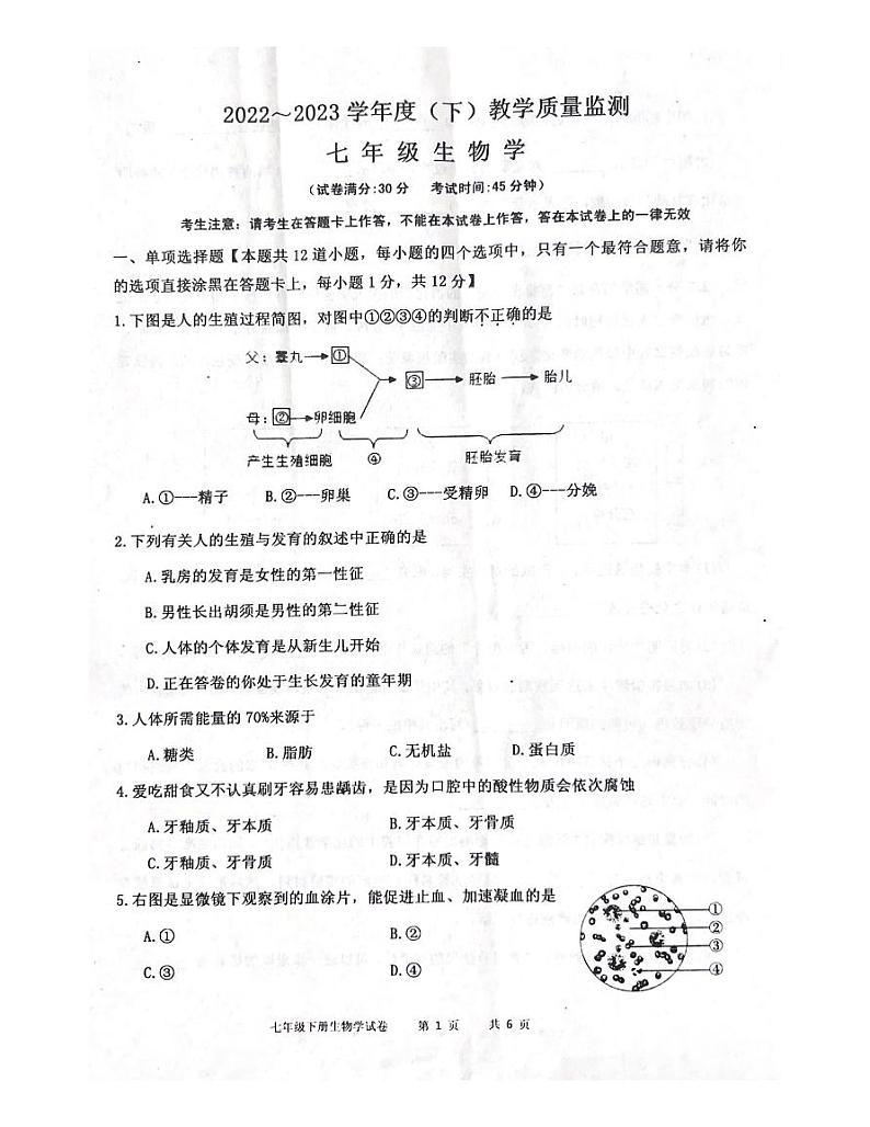 辽宁省沈阳市皇姑区2022-2023学年七年级下学期7月期末生物试题01