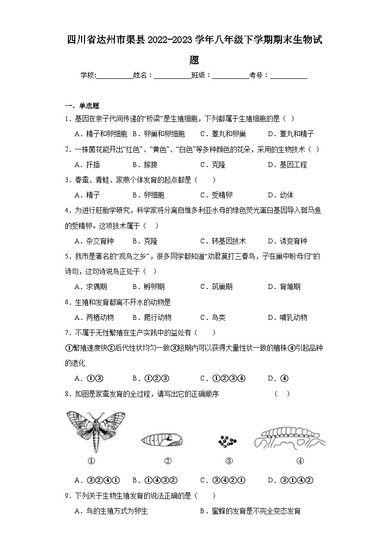 四川省达州市渠县2022-2023学年八年级下学期期末生物试题（含答案）01