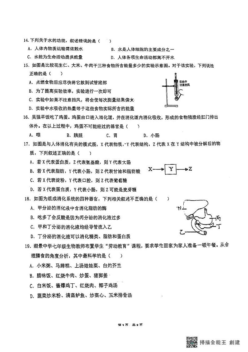广东省东莞市厚街湖景中学2022-2023学年七年级下学期第一次月考生物试题第3页