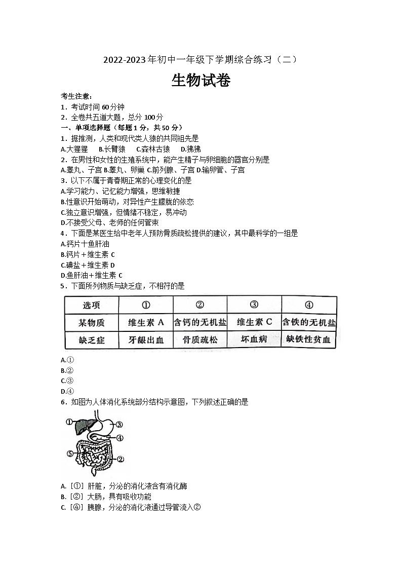 黑龙江省双鸭山市2022-2023学年七年级下学期生物期末试题（含答案）01