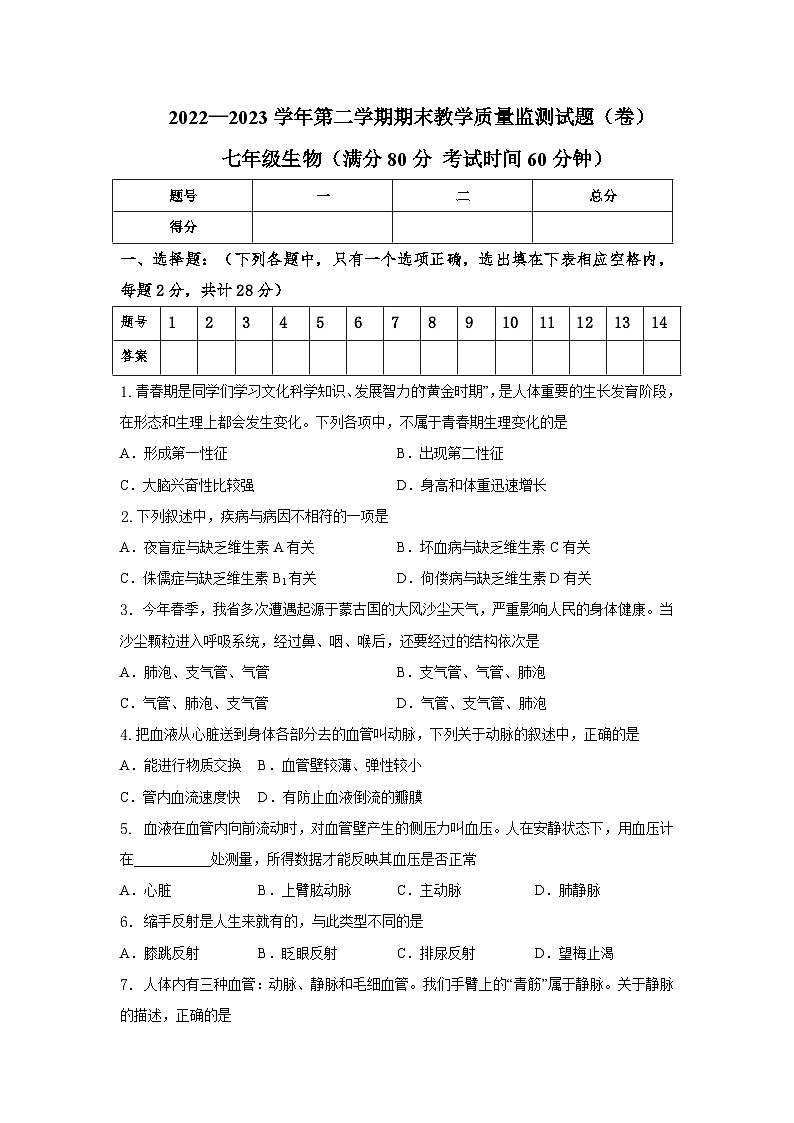 山西省吕梁市交城县2022-2023学年七年级下学期期末生物试题（含答案）01