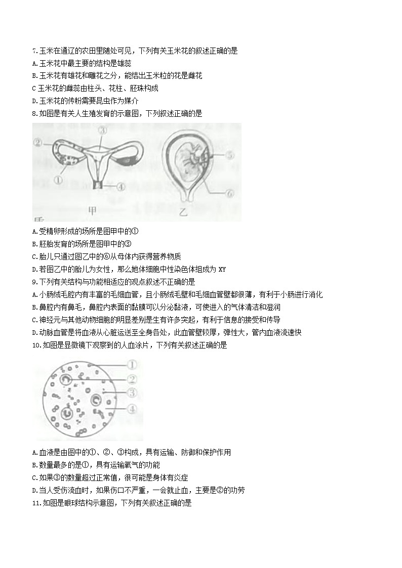 2023年内蒙古通辽市中考生物真题(无答案)02