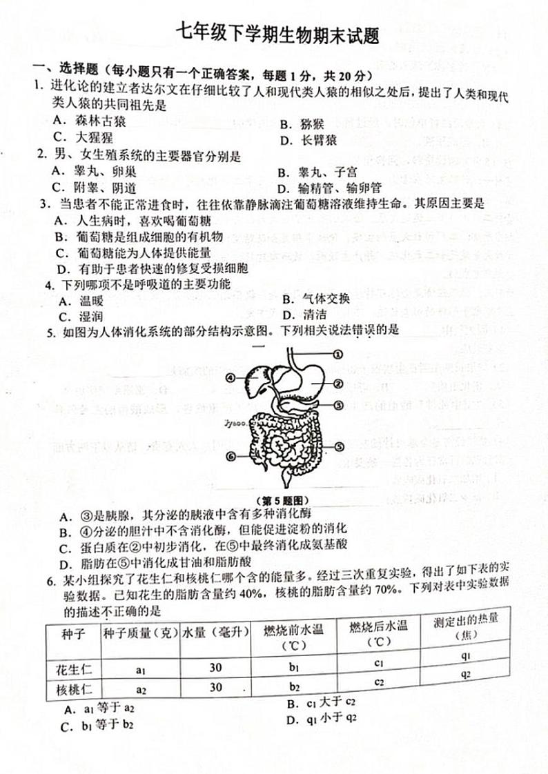 吉林省长春市榆树市慧望初级中学2022-2023学年七年级下学期7月期末生物试题01
