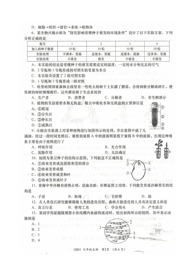 青海省海东市2022-2023学年七年级下学期期末考试生物试题第2页