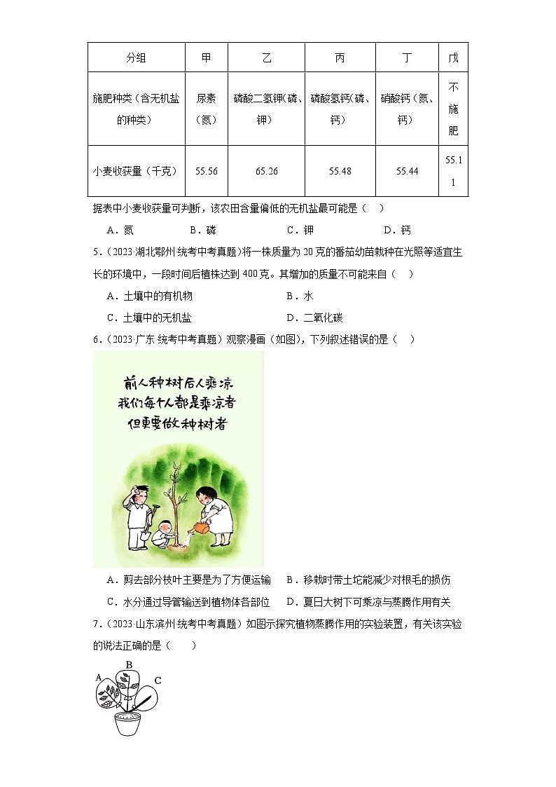 全国中考生物2023年真题分类汇编-17绿色植物的生活需要水和无机盐①第2页