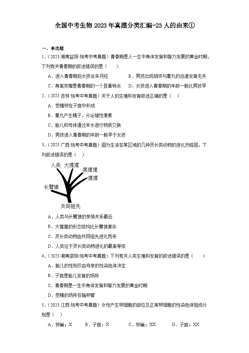 全国中考生物2023年真题分类汇编-23人的由来①第1页