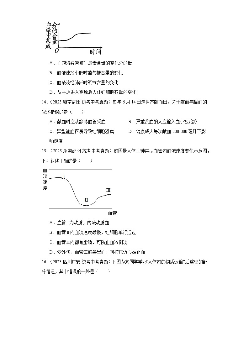 全国中考生物2023年真题分类汇编-30流动的组织（血液）、流动的管道（血管）03