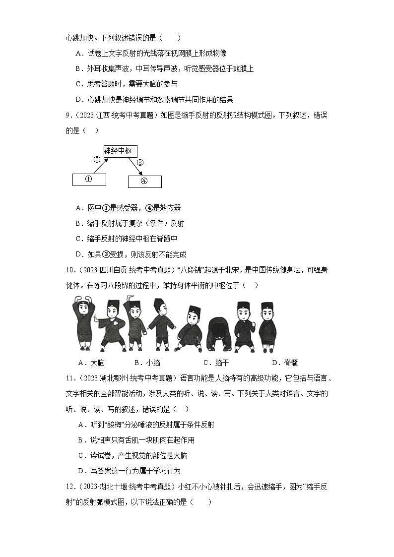 全国中考生物2023年真题分类汇编-36人体的神经调节①第3页