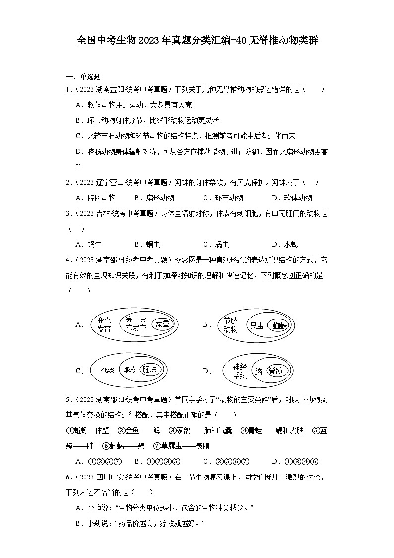 全国中考生物2023年真题分类汇编-40无脊椎动物类群01