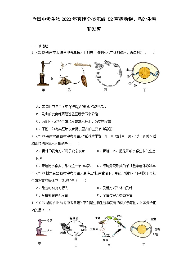 全国中考生物2023年真题分类汇编-52两栖动物、鸟的生殖和发育01