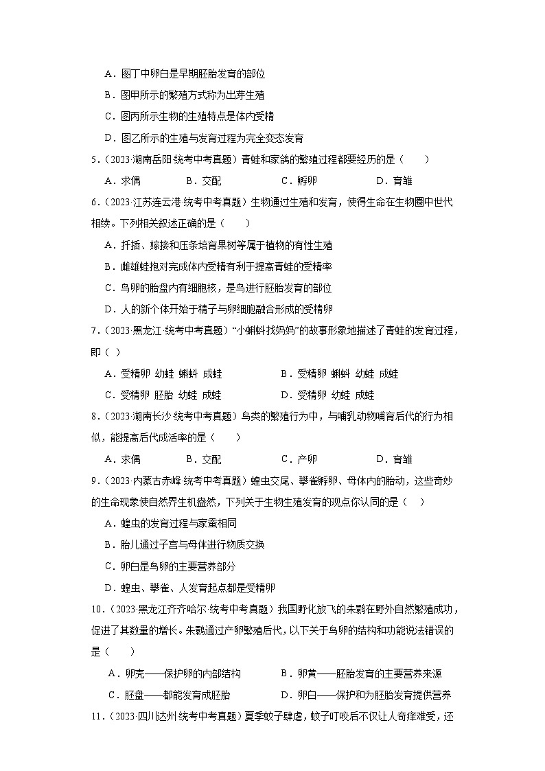 全国中考生物2023年真题分类汇编-52两栖动物、鸟的生殖和发育02