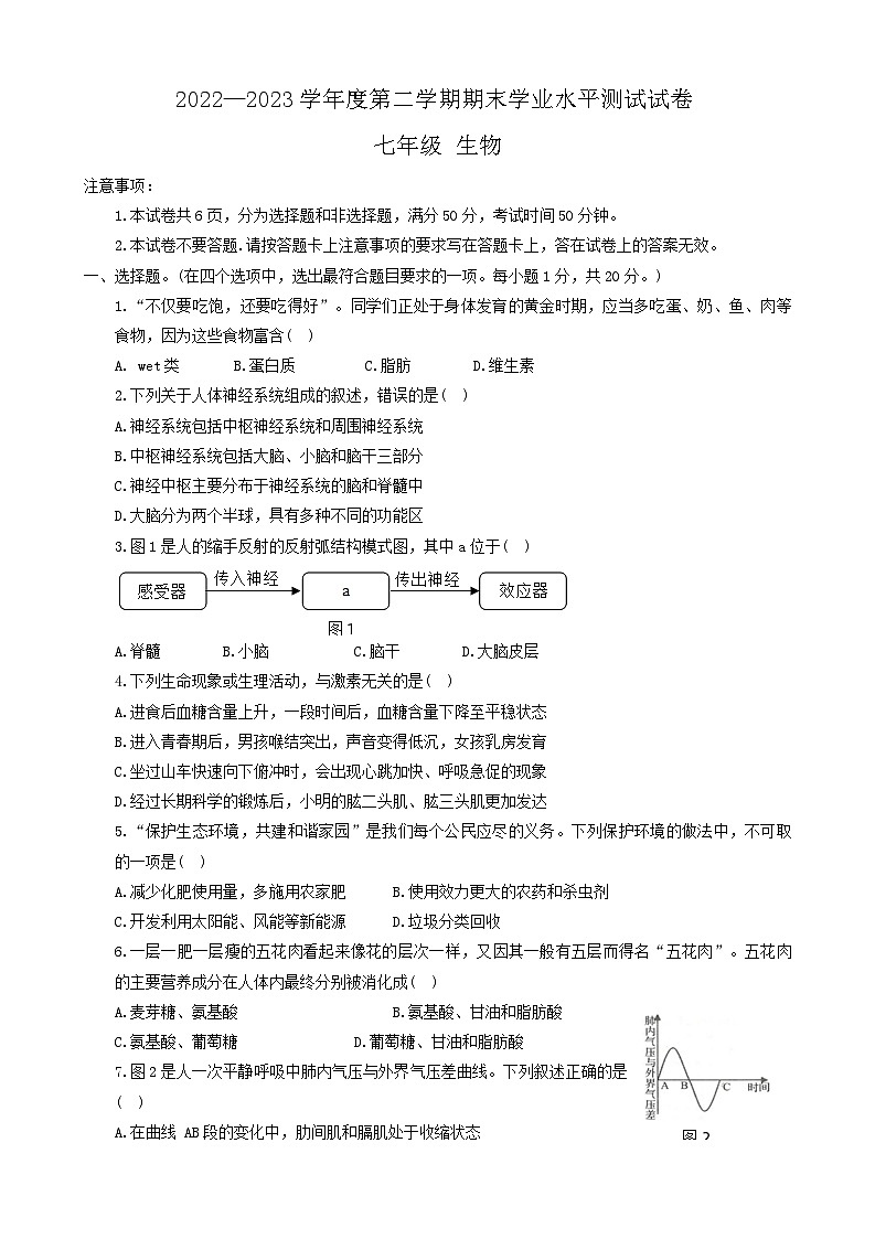 河南省驻马店市遂平县2022-2023学年七年级下学期期末考试生物试卷（含答案）01