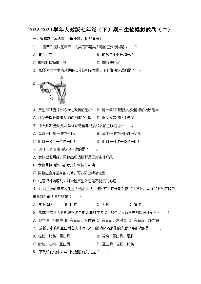 2022-2023学年人教版七年级（下）期末生物模拟试卷（二）（含解析）第1页