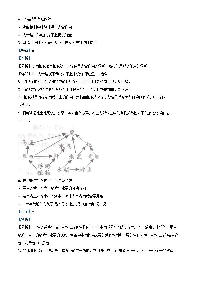 2023年湖南省益阳市中考生物真题02