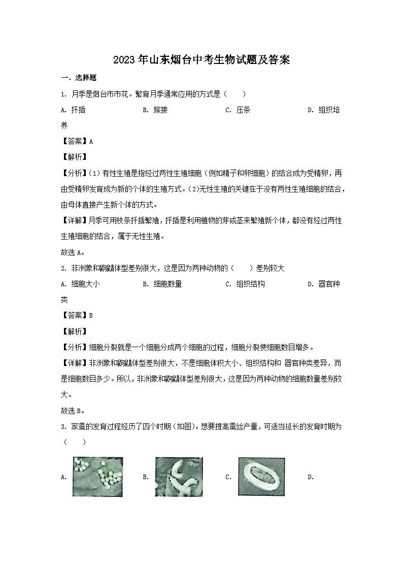 _2023年山东烟台中考生物试题及答案第1页