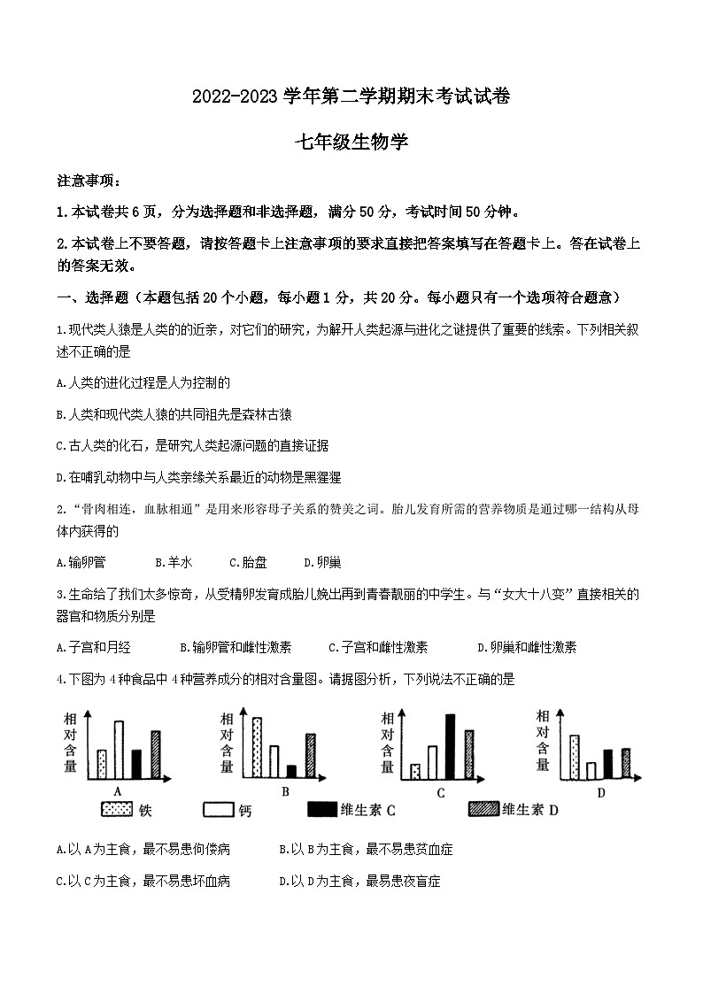 河南省濮阳市濮阳县2022-2023学年七年级下学期期末生物试题（含答案）第1页