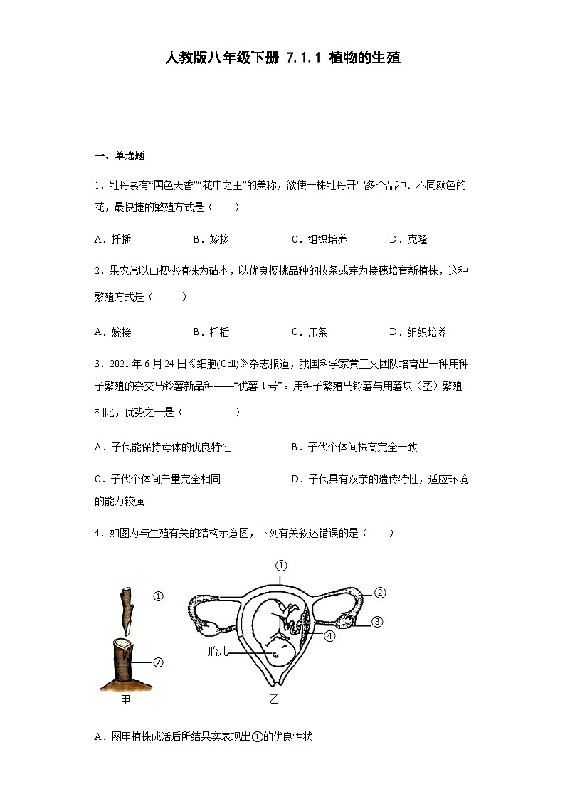 人教版生物八年级下册：7.1.1植物的生殖（含解析） 试卷01