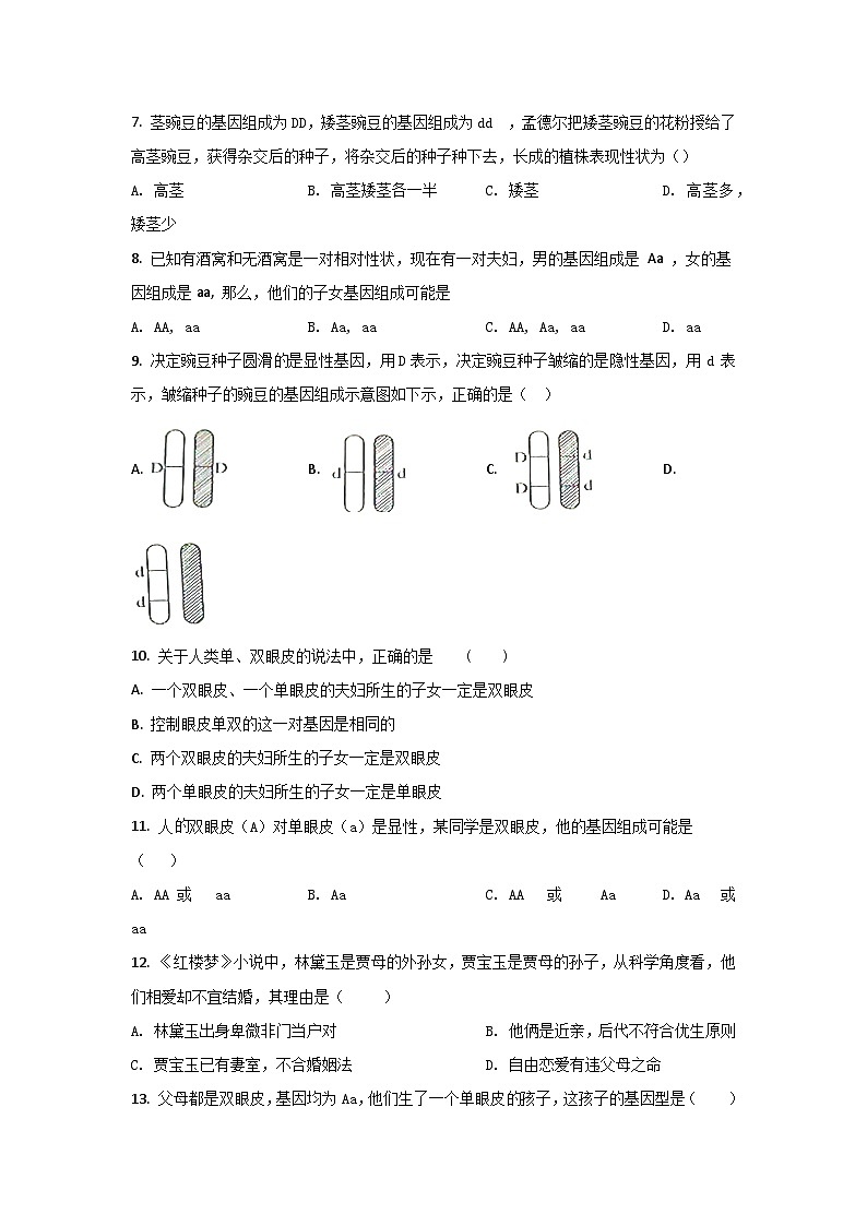 人教版生物八年级下册：7.2.3基因的显性和隐性单元试卷（含解析）02