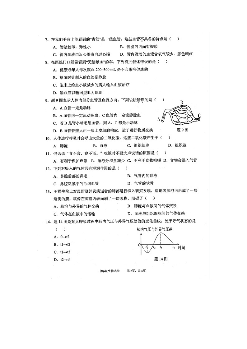 广东省连州市2022-2023学年七年级下学期期末考试生物试题第2页