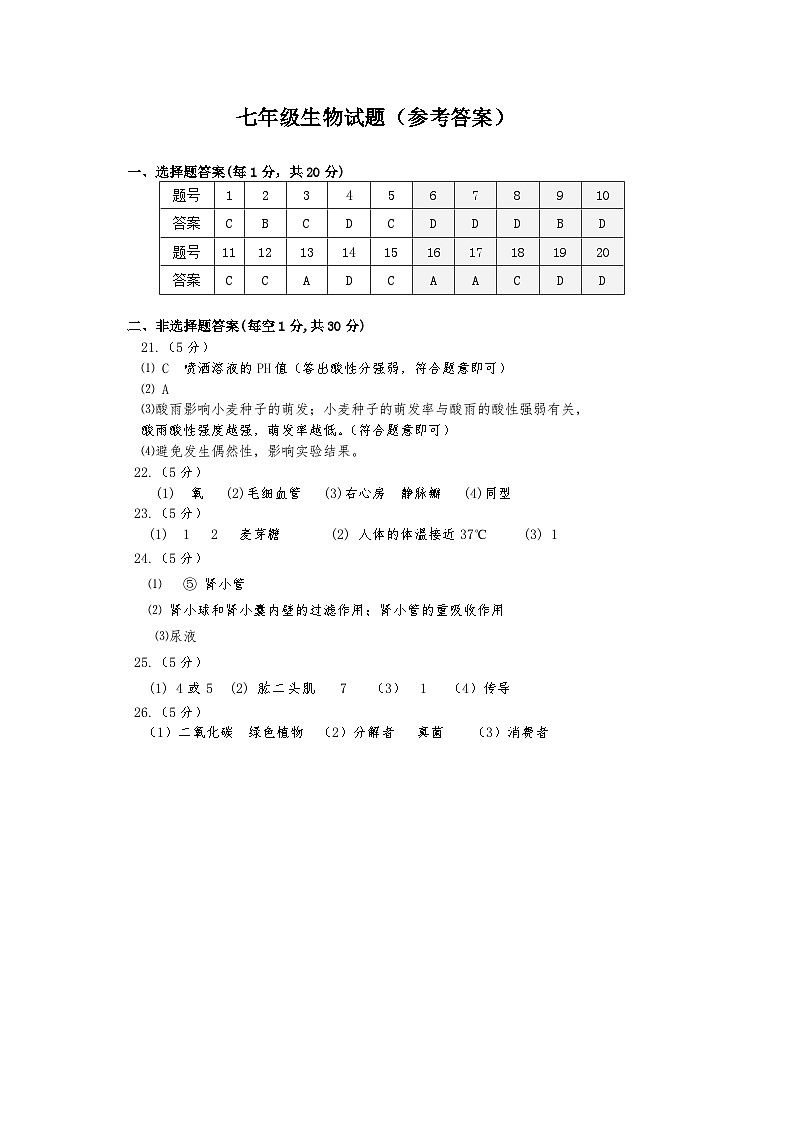 七年级生物试题答案第1页