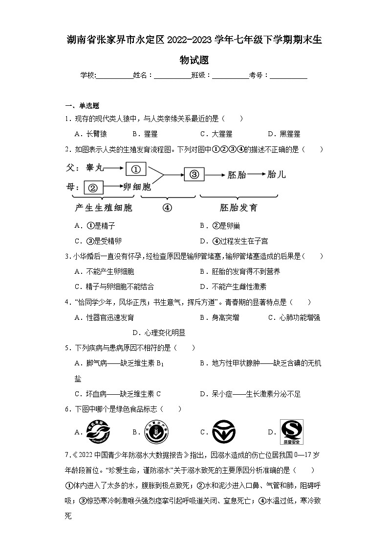 湖南省张家界市永定区2022-2023学年七年级下学期期末生物试题（含答案）第1页