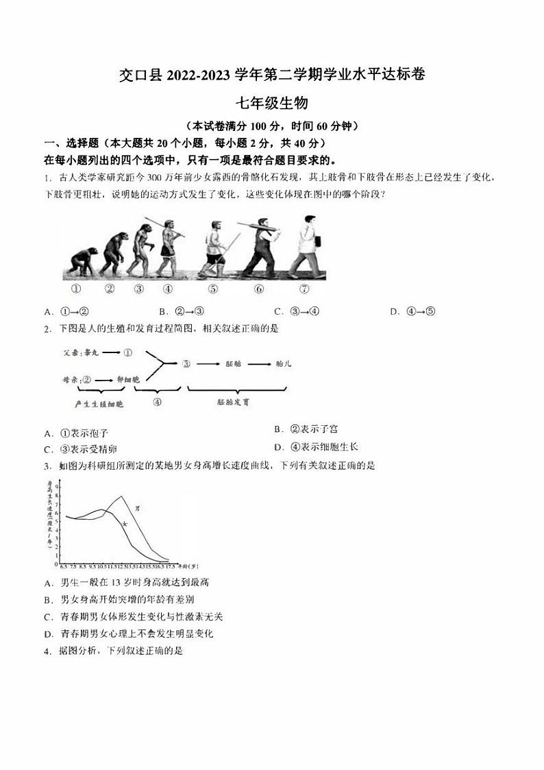 山西省吕梁市交口县2022-2023学年七年级下学期期末生物试题（含答案）01