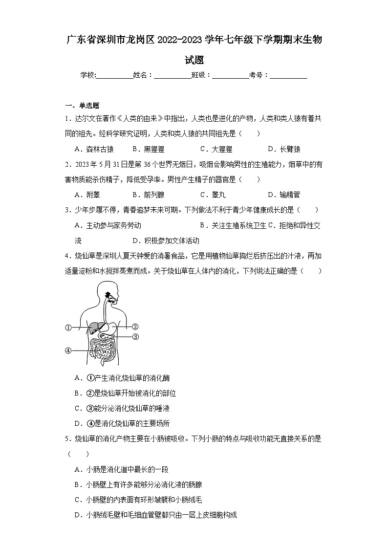 广东省深圳市龙岗区2022-2023学年七年级下学期期末生物试题（含答案）第1页