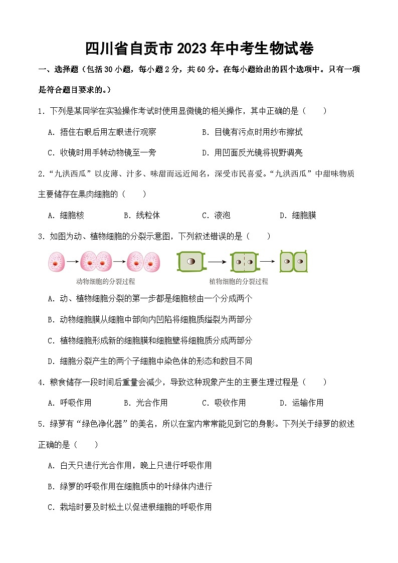 四川省自贡市2023年中考生物试卷（附答案）01