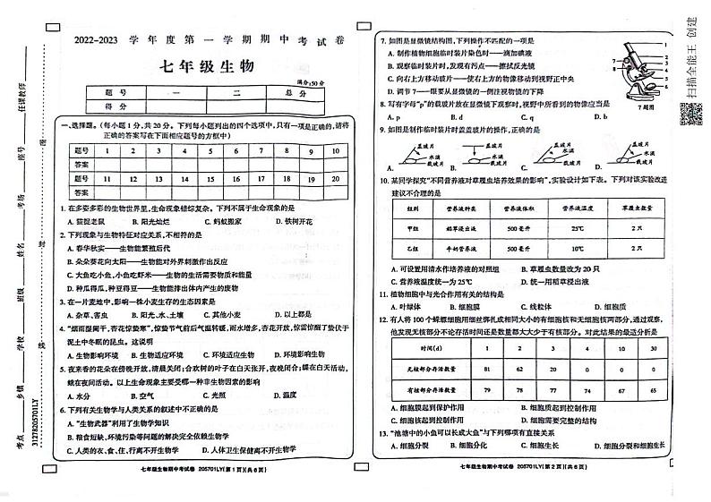 河南省周口市鹿邑县2022-2023学年七年级上学期期中生物试题第1页