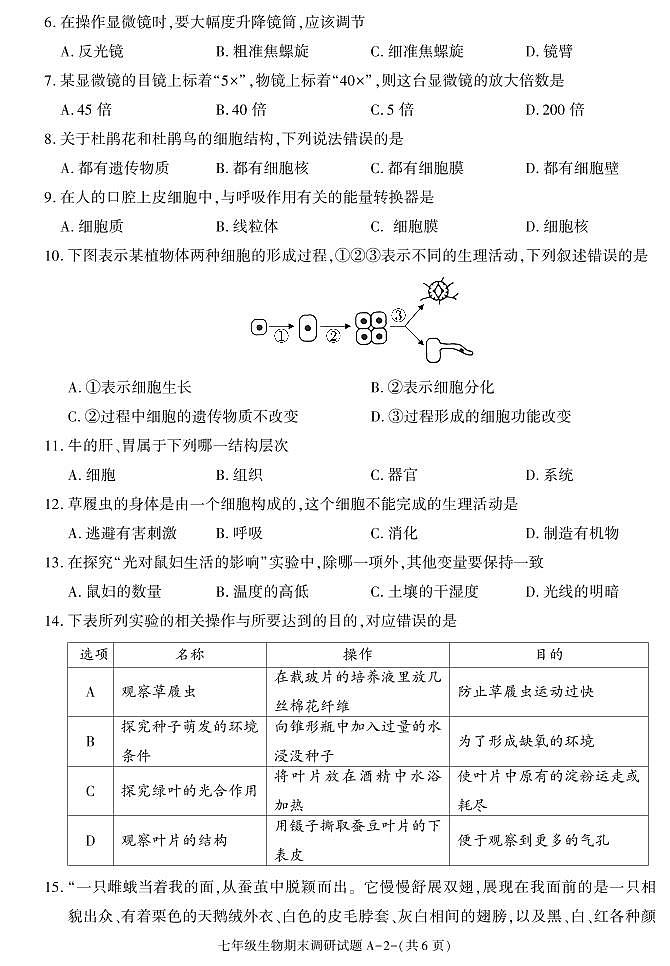 陕西省西安市高陵区2020-2021学年七年级上学期期末考试生物试卷第2页