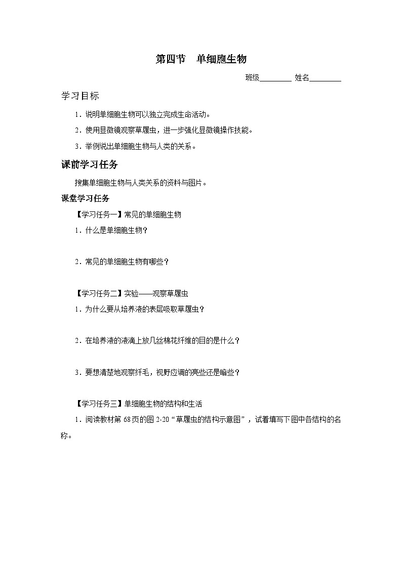 人教版七上生物   2.2.4 单细胞生物 课件+教案+练习+导学案01