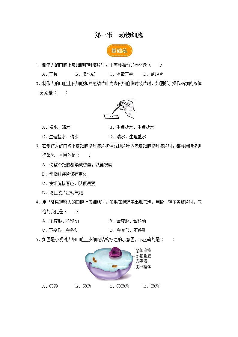 人教版七上生物   2.1.3 动物细胞 课件+教案+练习+导学案01