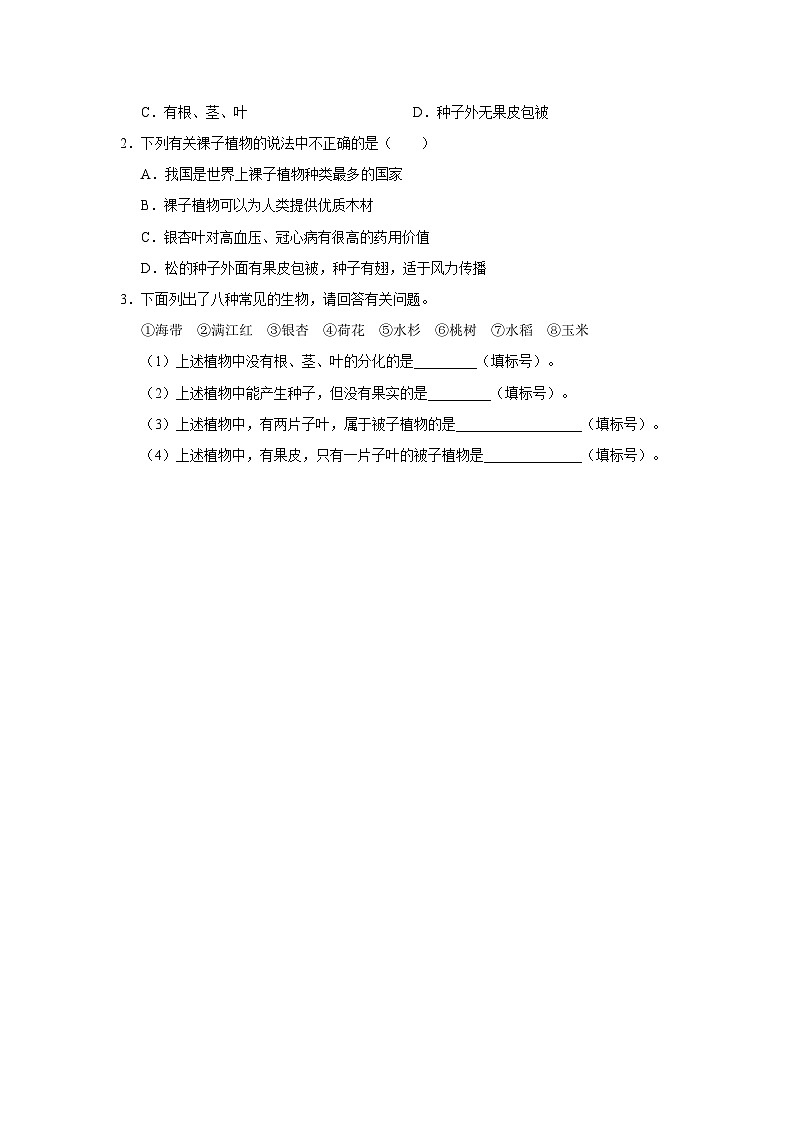 3.1.2 种子植物（第2课时）（分层作业）第3页