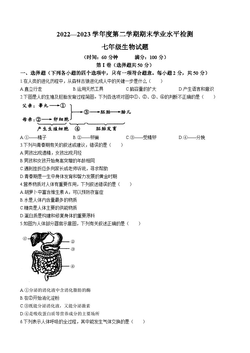 山东省聊城市莘县2022-2023学年七年级下学期期末生物试题（含答案）第1页