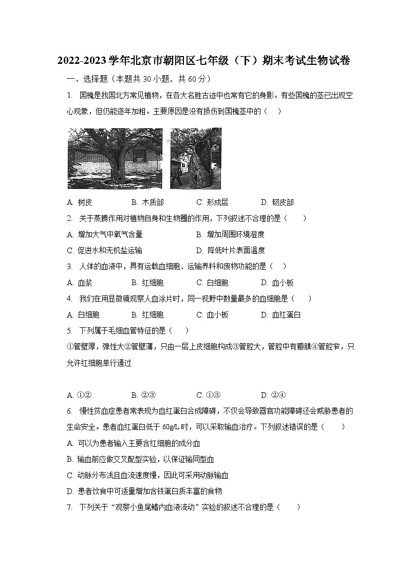 2022-2023学年北京市朝阳区七年级（下）期末考试生物试卷（含解析）01