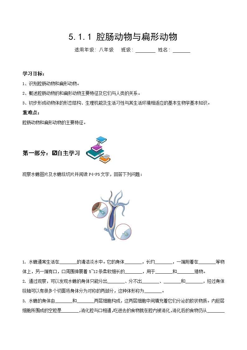 人教版八年级上册5.1.1《腔肠动物和扁形动物》课件+教案+导学案+分层作业01