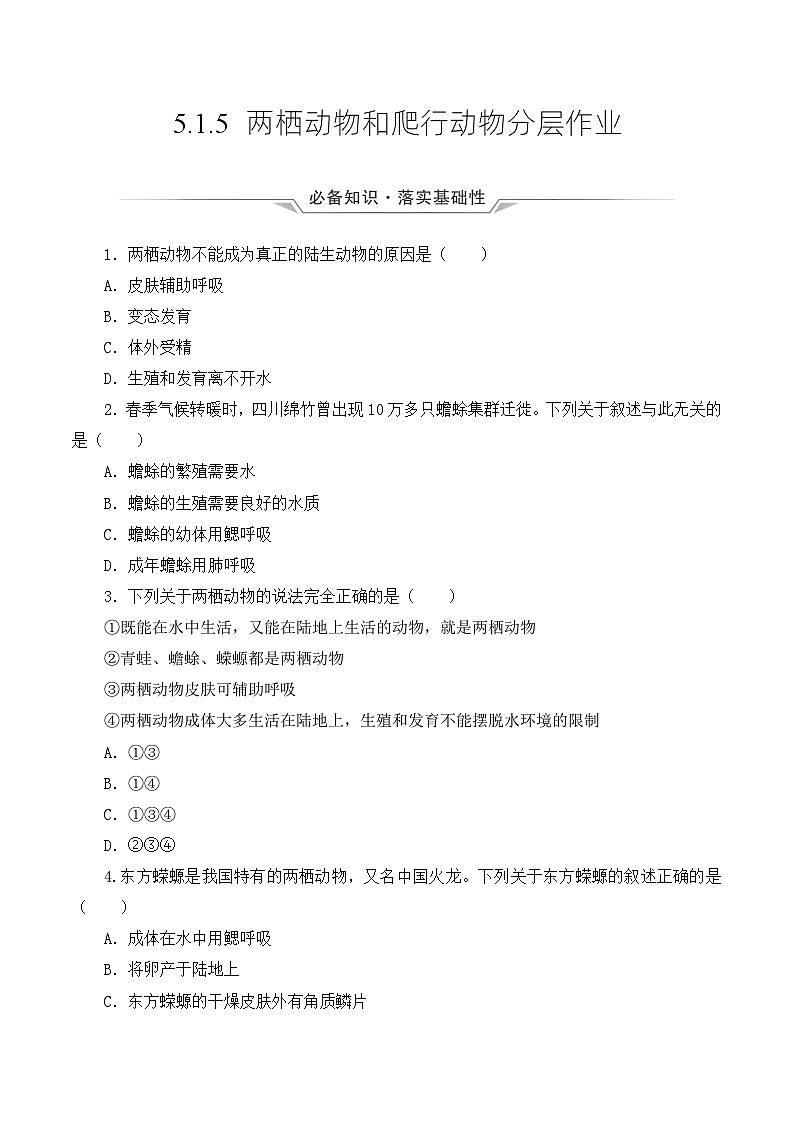 人教版八年级上册5.1.5《两栖动物和爬行动物》课件+教案+导学案+分层作业01