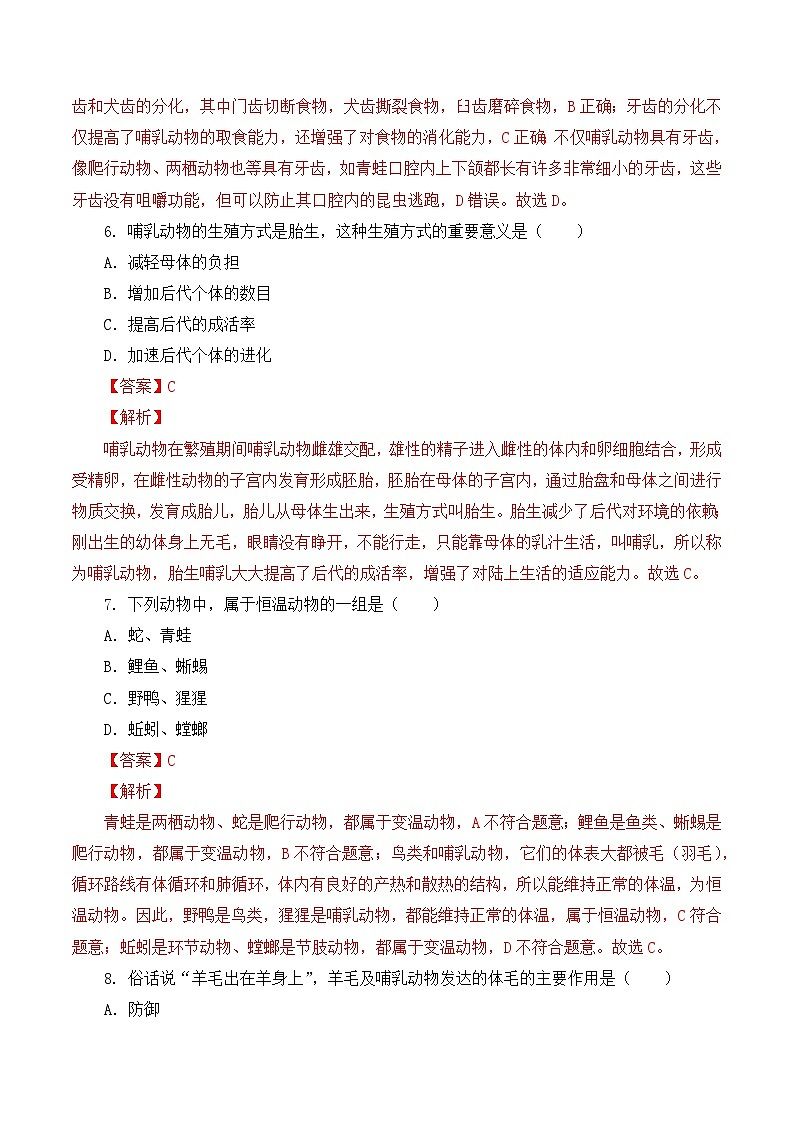 人教版八年级上册5.1.7《哺乳动物》课件+教案+导学案+分层作业03