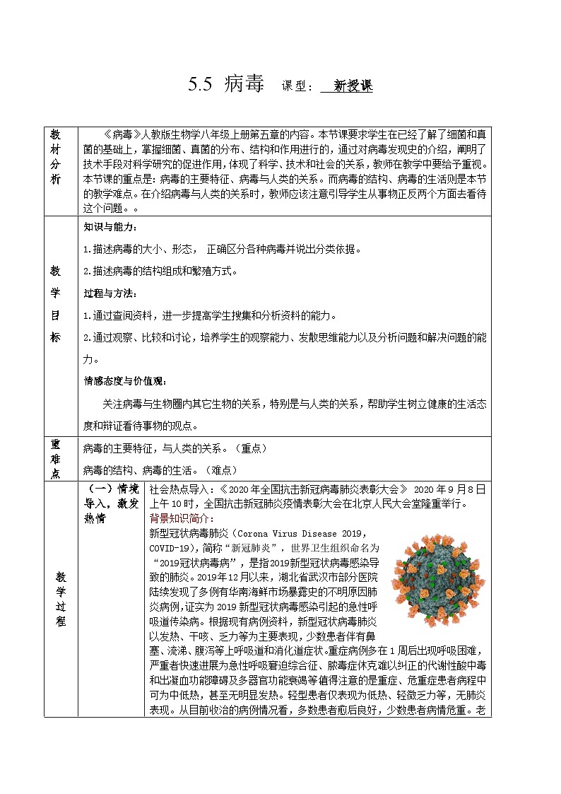 人教版八年级上册5.5《病毒》课件+教案+导学案+分层作业01