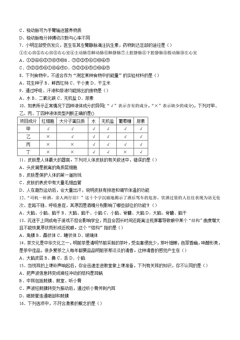 河北省廊坊市三河市2022-2023学年七年级下学期期末生物试题（含答案）02